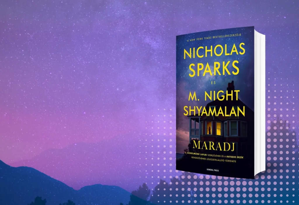 Nicholas Sparks és M. Night Shyamalan Maradj című regényének könyvborítója lila–rózsaszín absztrakt hegyvidéki háttéren, modern hero banner elrendezésben